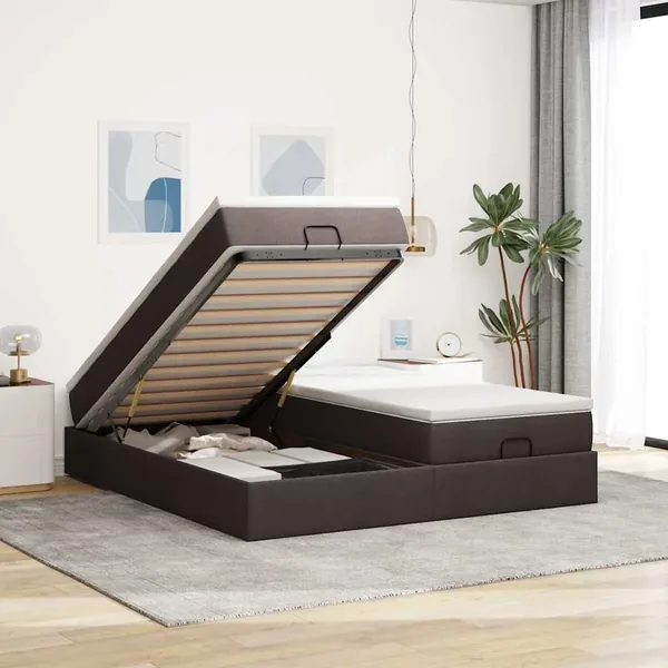 Cadre de lit ottoman avec matelas marron foncé 160x200 cm tissu