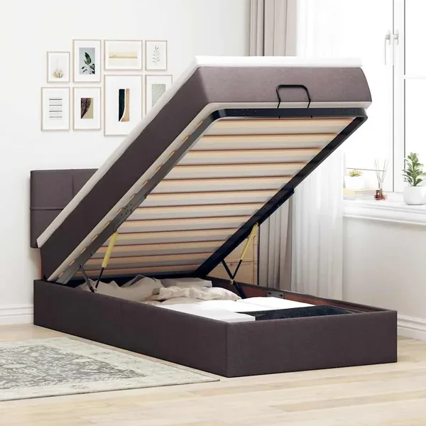 Cadre de lit ottoman avec matelas marron foncé 80x200 cm tissu