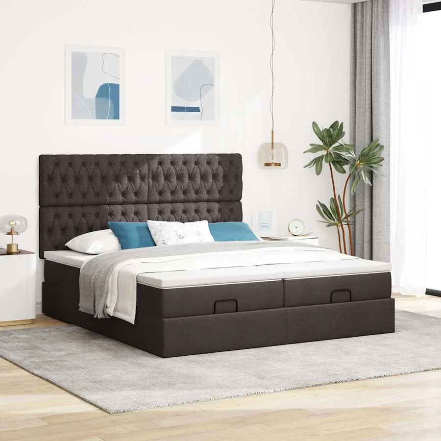 Cadre de lit ottoman avec matelas marron foncé 160x200 cm tissu - 4