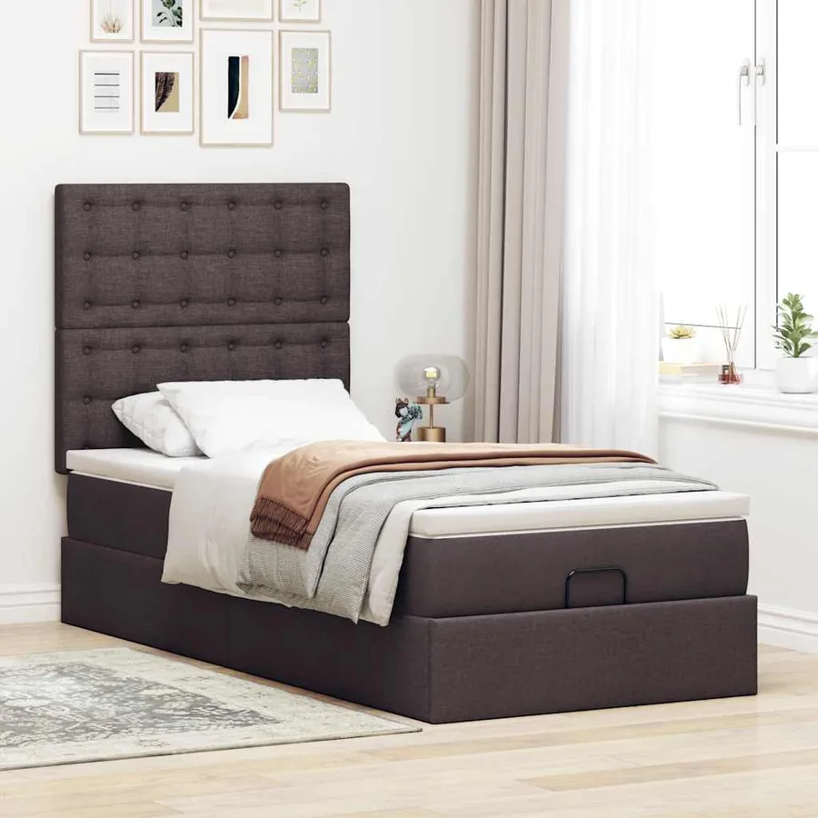 Cadre de lit ottoman avec matelas marron foncé 80x200 cm tissu - 4
