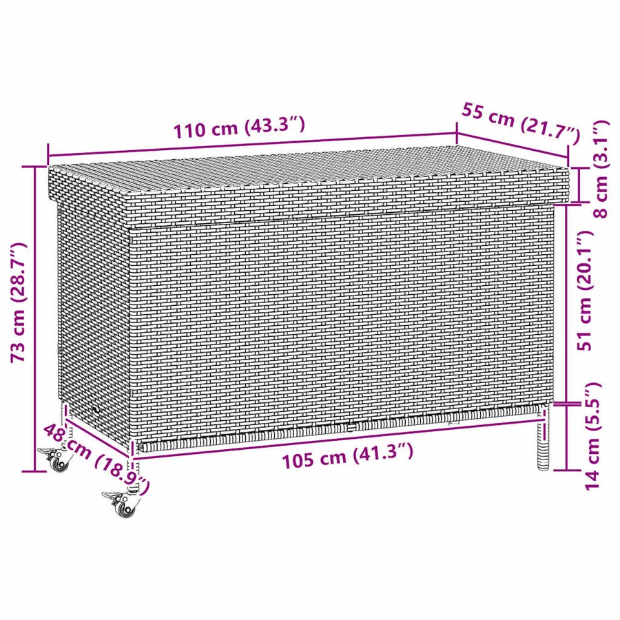 Boîte de rangement de jardin et roues gris résine tressée - 11