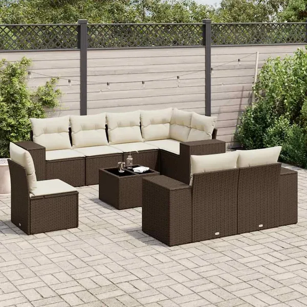 Salon de jardin avec coussins 9 pcs marron résine tressée