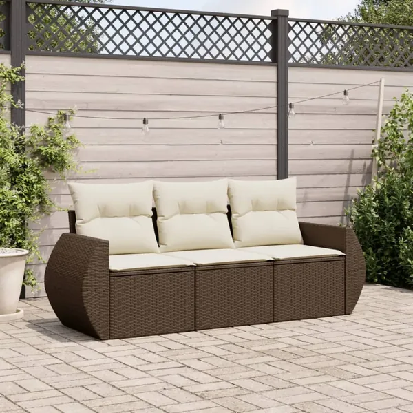 Salon de jardin avec coussins 3 pcs marron résine tressée