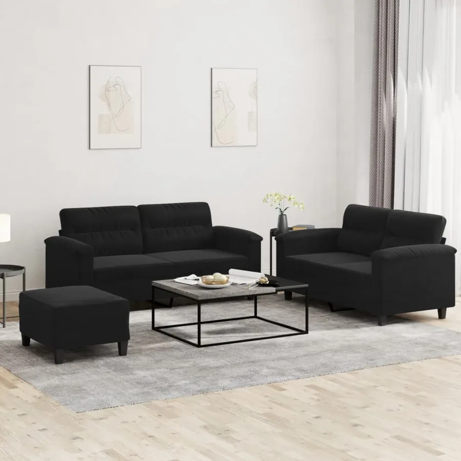 Ensemble de canapés 3 pcs avec coussins noir tissu microfibre