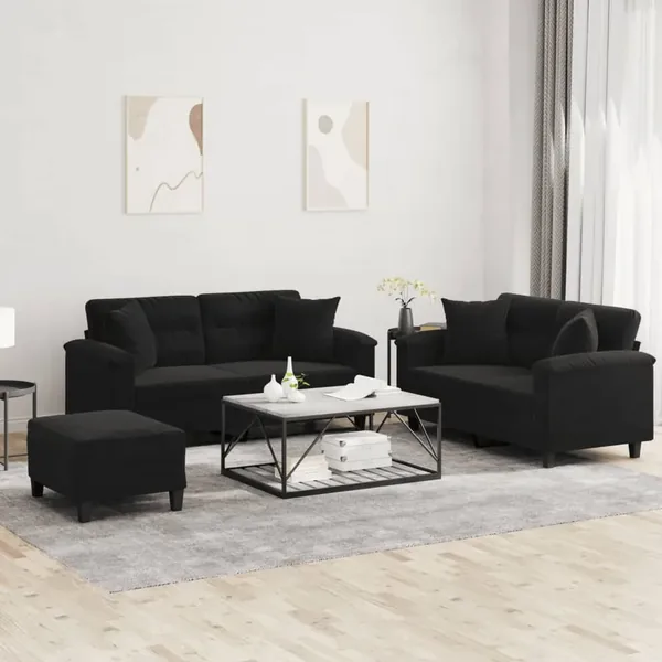 Ensemble de canapés 3 pcs avec coussins Noir Tissu microfibre