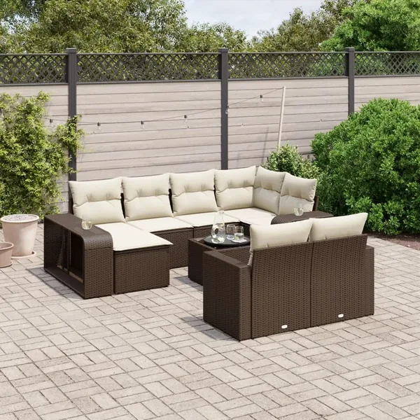 Salon de jardin et coussins 11 pcs marron résine tressée