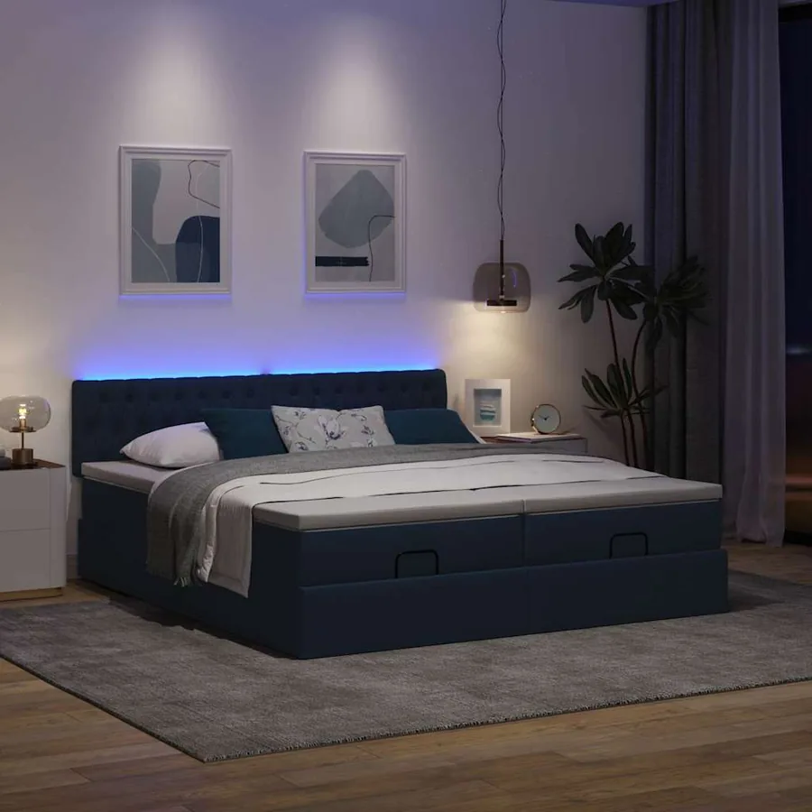 Cadre de lit ottoman avec matelas bleu 160x200 cm tissu - 3