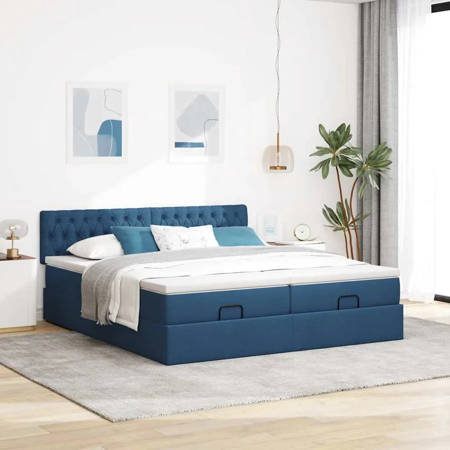 Cadre de lit ottoman avec matelas bleu 160x200 cm tissu - 3