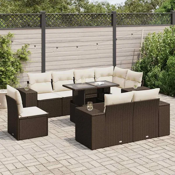 Salon de jardin avec coussins 9 pcs marron résine tressée