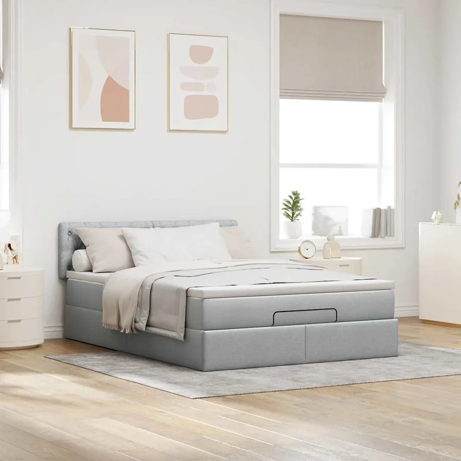 Cadre de lit ottoman et matelas gris clair 140x200 cm tissu - 3