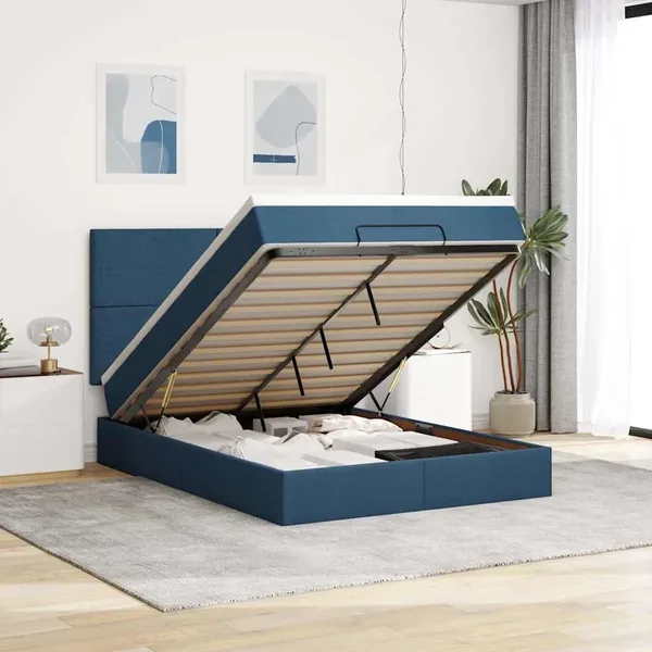 Cadre de lit ottoman avec matelas bleu 140x200 cm tissu
