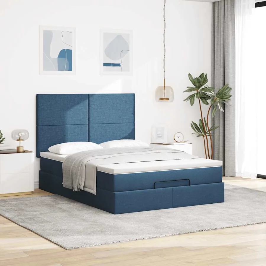 Cadre de lit ottoman avec matelas bleu 140x200 cm tissu - 3