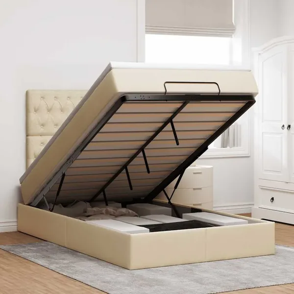 Cadre de lit ottoman avec matelas crème 120x190 cm tissu