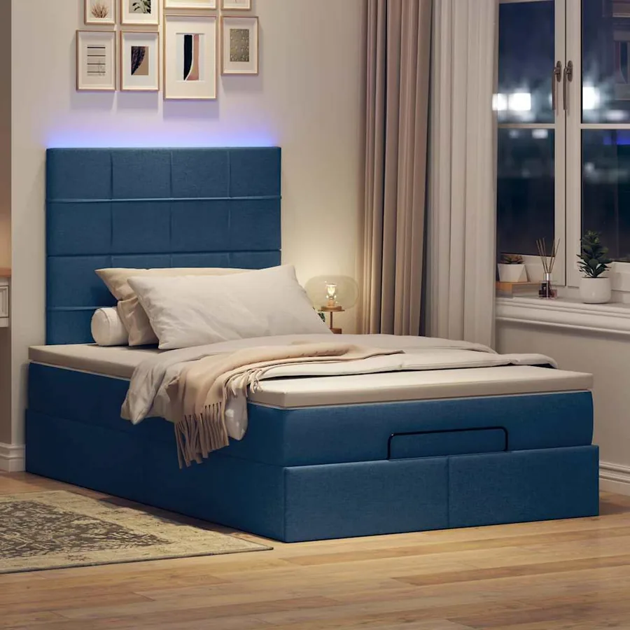 Cadre de lit ottoman avec matelas bleu 120x190 cm tissu - 3
