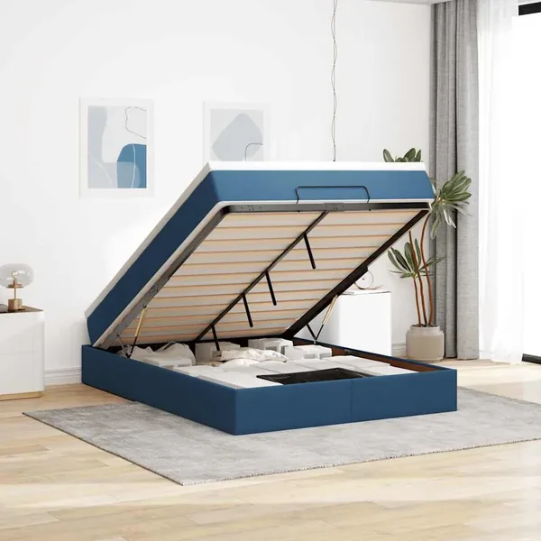 Cadre de lit ottoman avec matelas bleu 140x200 cm tissu