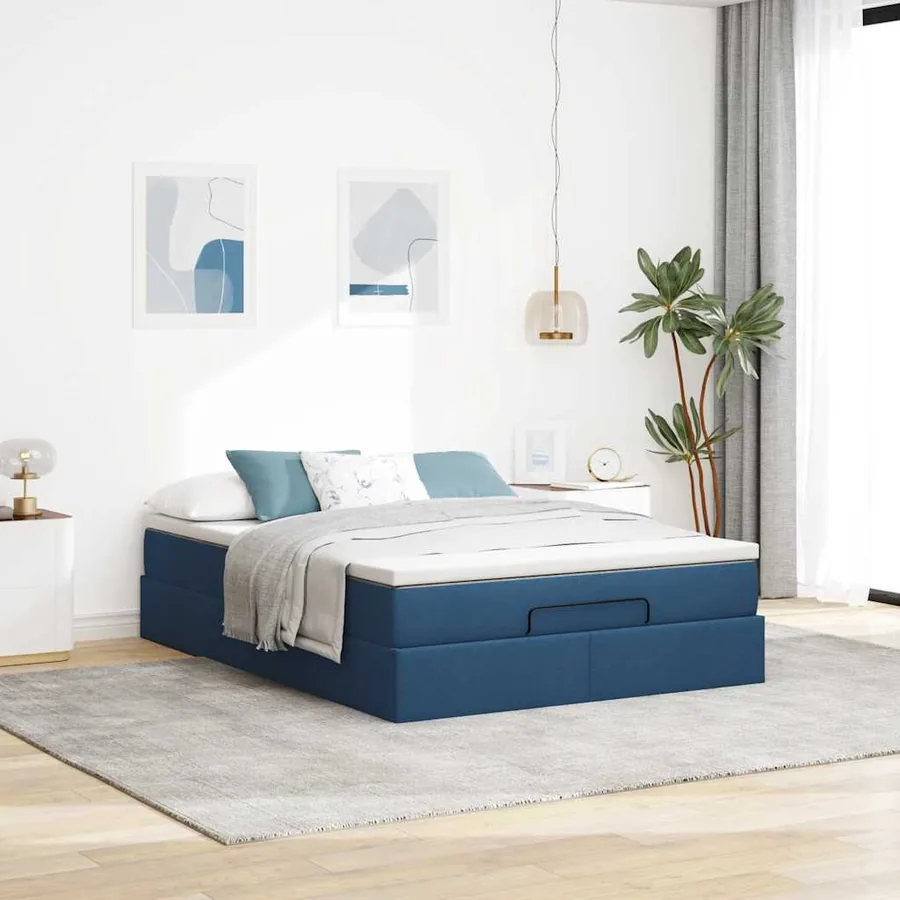Cadre de lit ottoman avec matelas bleu 140x200 cm tissu - 3