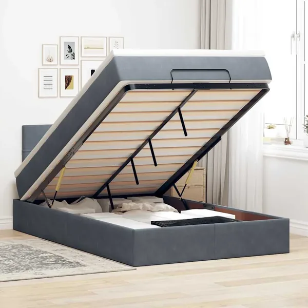 Cadre de lit ottoman et matelas gris foncé 120x200 cm velours