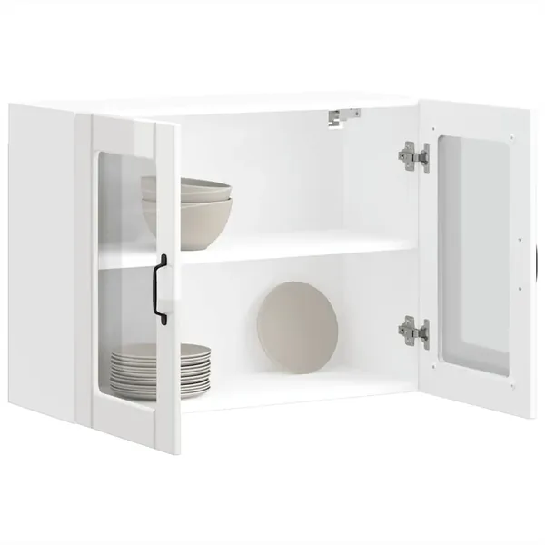 Armoire murale de cuisine avec porte vitrée "Lucca" Bois d'ingénierie blanc brillant