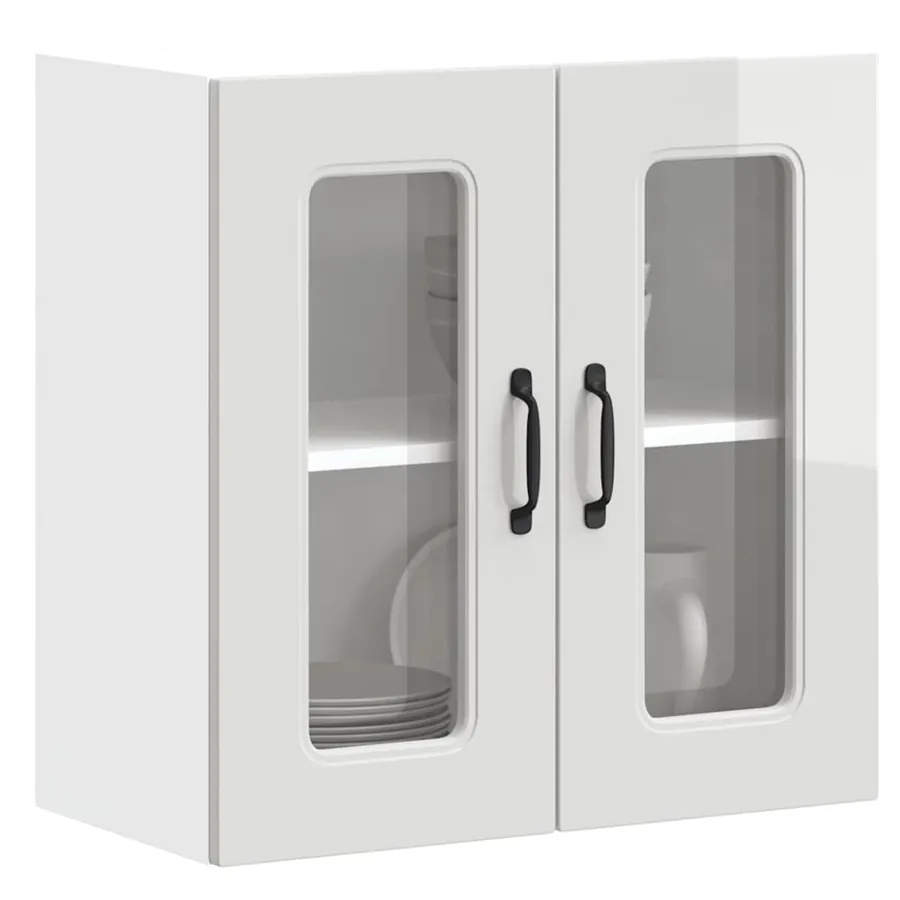 Armoire murale de cuisine avec porte vitrée "Kalmar" Bois d'ingénierie blanc brillant