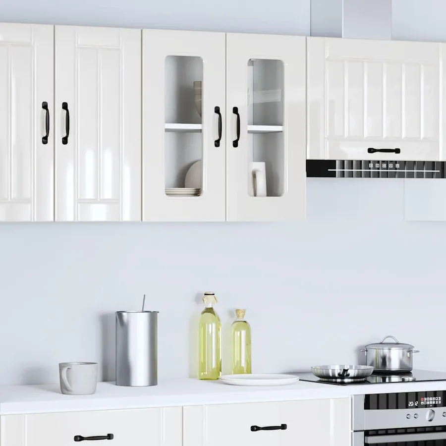 Armoire murale de cuisine avec porte vitrée "Kalmar" Bois d'ingénierie blanc brillant - 3
