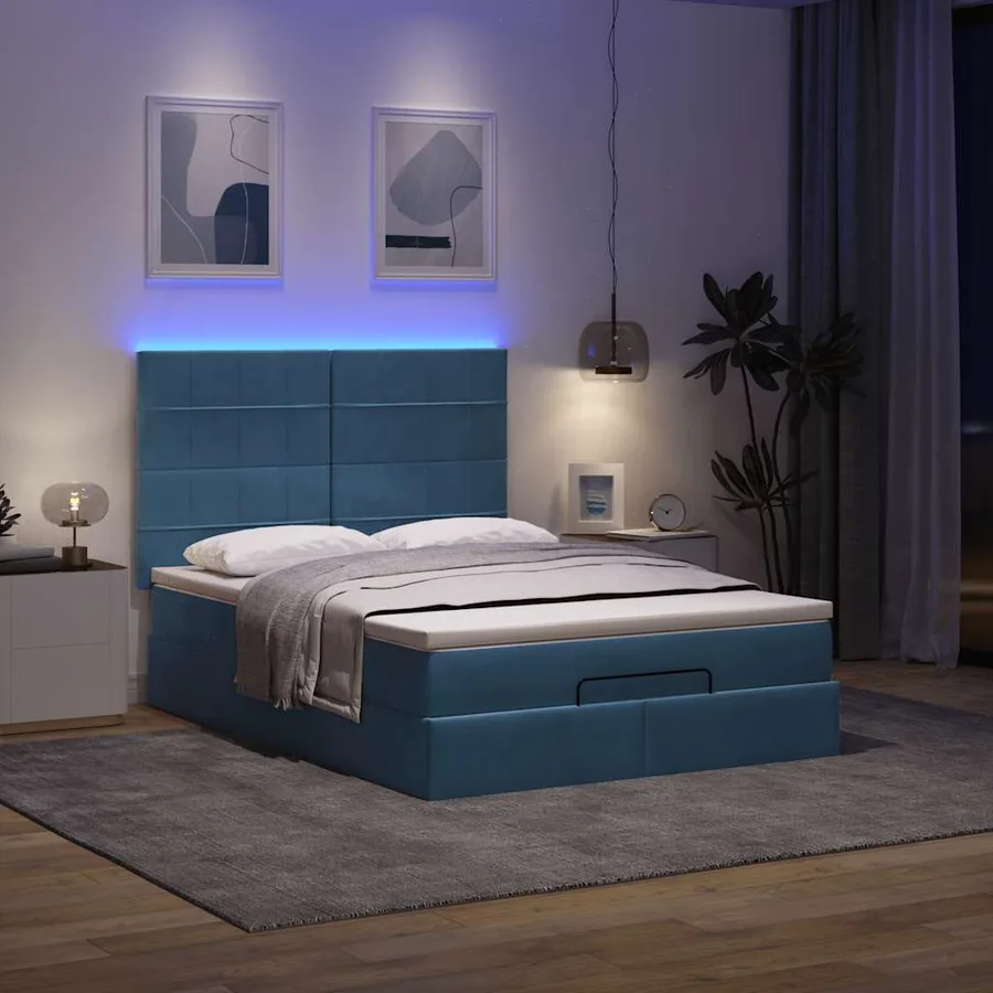 Cadre de lit ottoman avec matelas bleu 140x200 cm tissu - 3