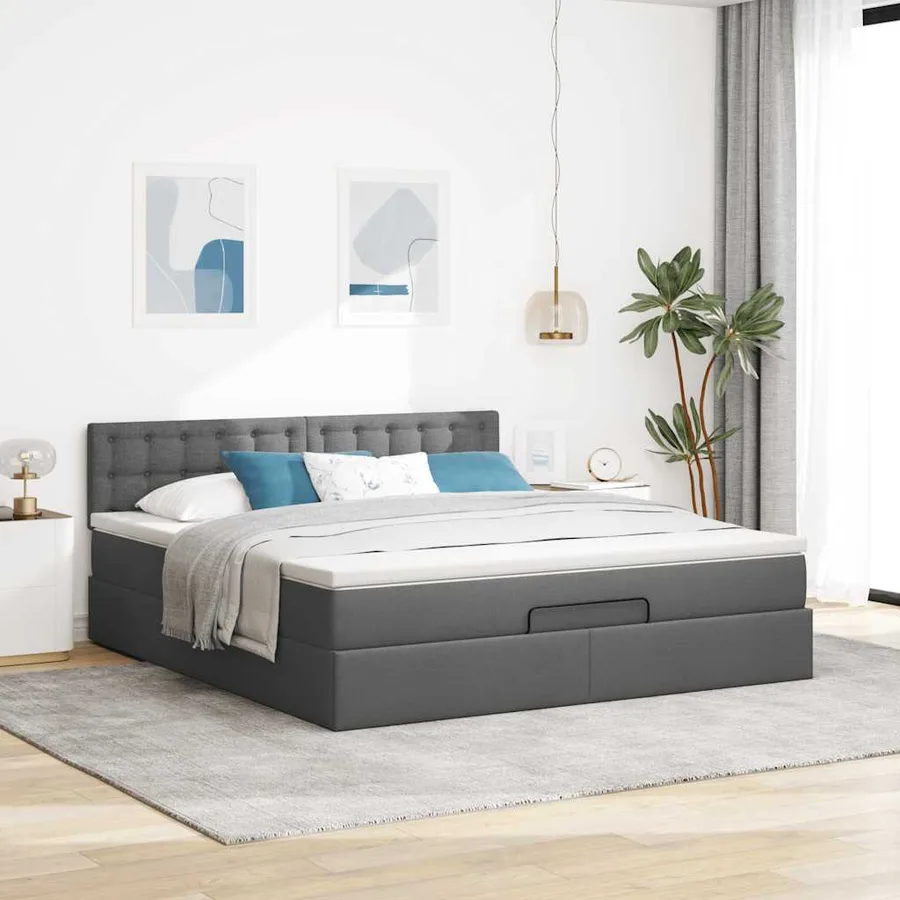 Cadre de lit ottoman avec matelas gris foncé 160x200cm tissu - 3