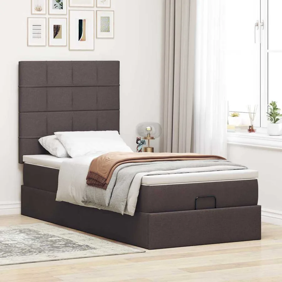Cadre de lit ottoman avec matelas marron foncé 90x190 cm tissu - 3