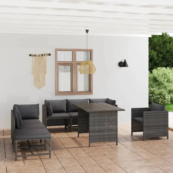 Salon de jardin 8 pcs avec coussins Résine tressée Gris