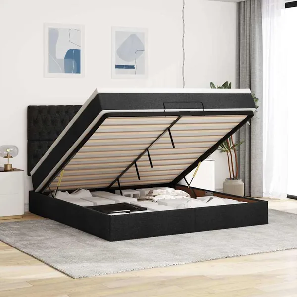 Cadre de lit ottoman avec matelas noir 160x200 cm tissu
