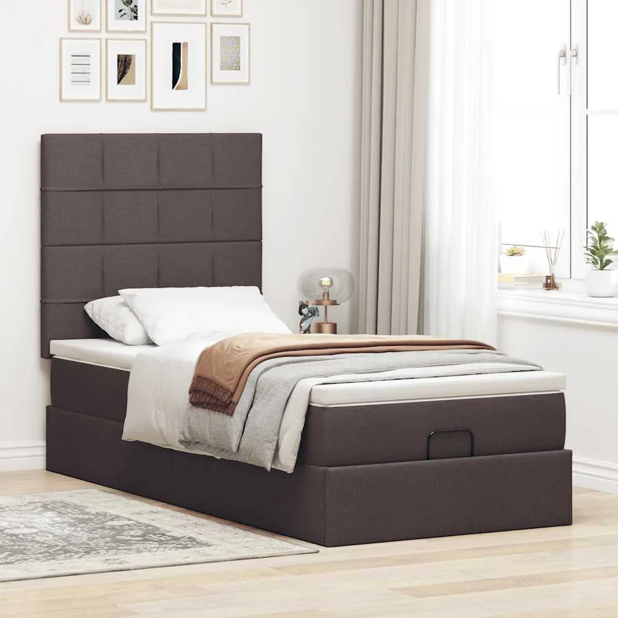 Lit ottoman avec matelas marron foncé 100x200 cm tissu - 3