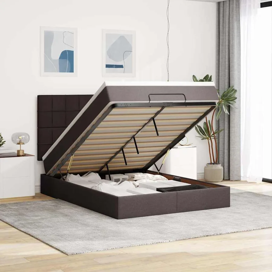 Cadre de lit ottoman avec matelas marron foncé 140x190 cm tissu - 2