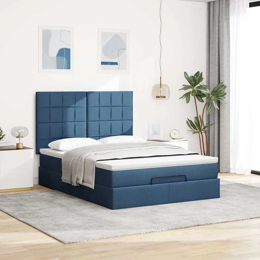 Cadre de lit ottoman avec matelas bleu 140x190 cm tissu - 3