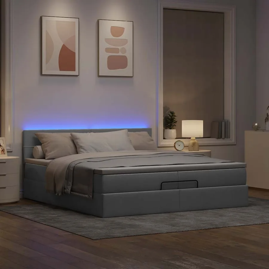 Cadre de lit ottoman et matelas gris clair 200x200cm tissu - 3