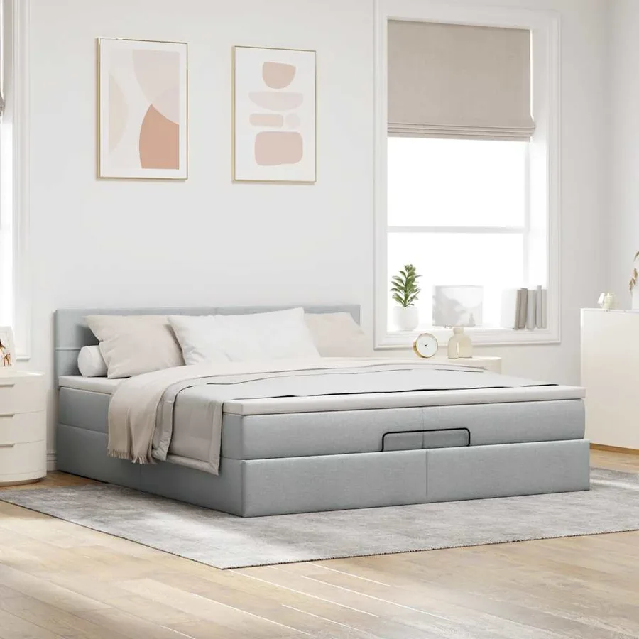Cadre de lit ottoman et matelas gris clair 200x200cm tissu - 4
