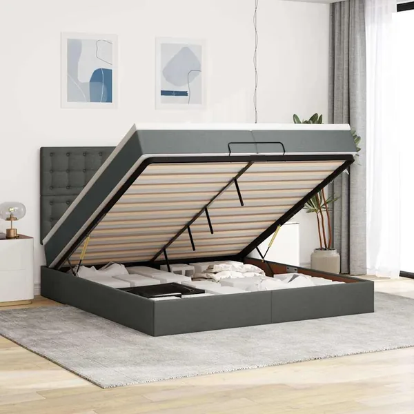 Cadre de lit ottoman avec matelas gris foncé 200x200cm tissu