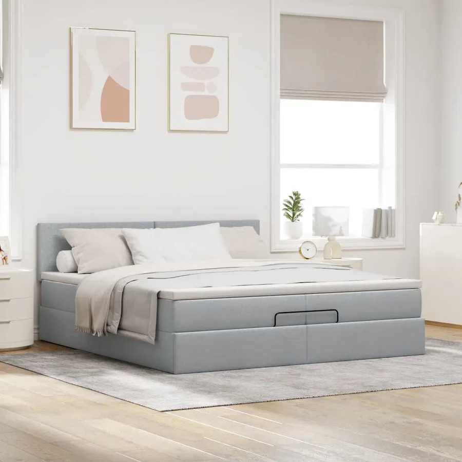 Cadre de lit ottoman avec matelas gris clair 200x200 cm tissu - 3