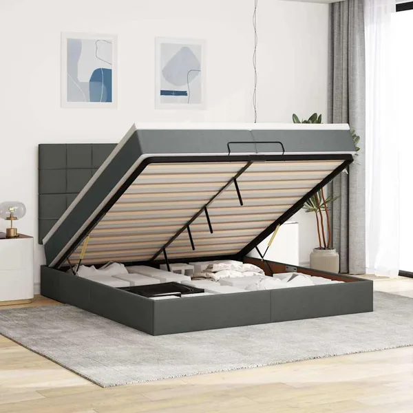 Cadre de lit ottoman avec matelas gris foncé 200x200cm tissu