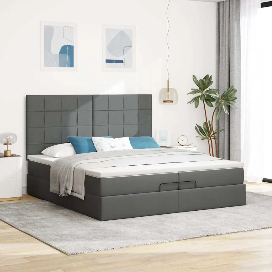 Cadre de lit ottoman avec matelas gris foncé 200x200cm tissu - 3