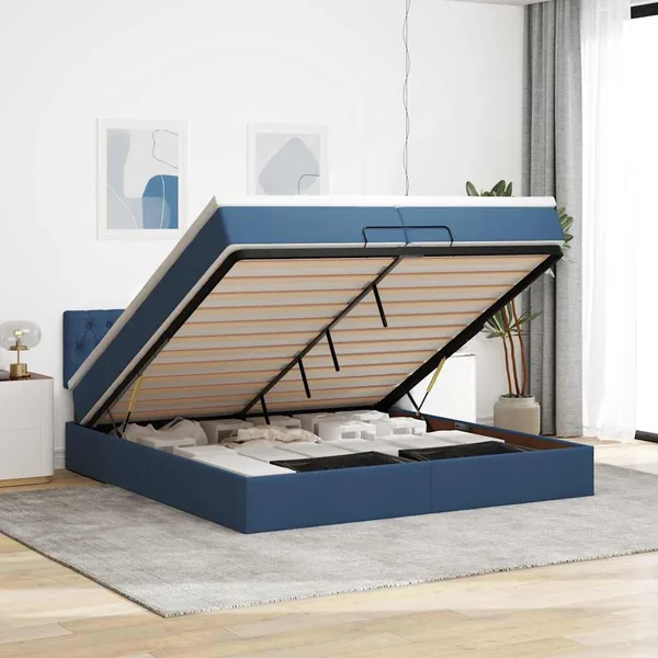 Cadre de lit ottoman avec matelas bleu 200x200 cm tissu