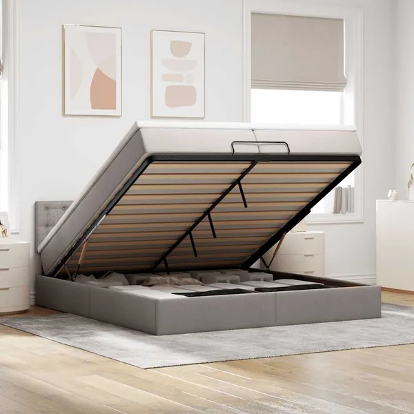 Cadre de lit ottoman avec matelas taupe 200x200 cm tissu