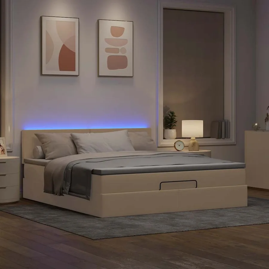 Lit ottoman avec matelas et LED crème 180x200cm tissu - 3