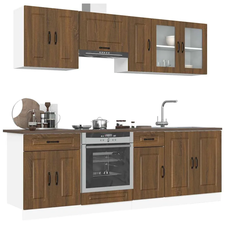 Ensemble de 8 meubles de cuisine en bois d'ingénierie "Kalmar" en chêne brun