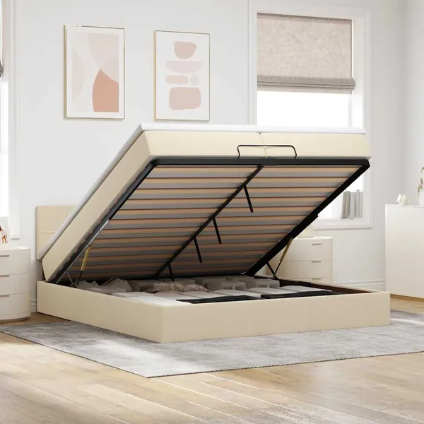 Cadre de lit ottoman avec matelas crème 200x200cm tissu