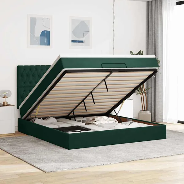 Cadre de lit ottoman avec matelas vert foncé 180x200cm velours