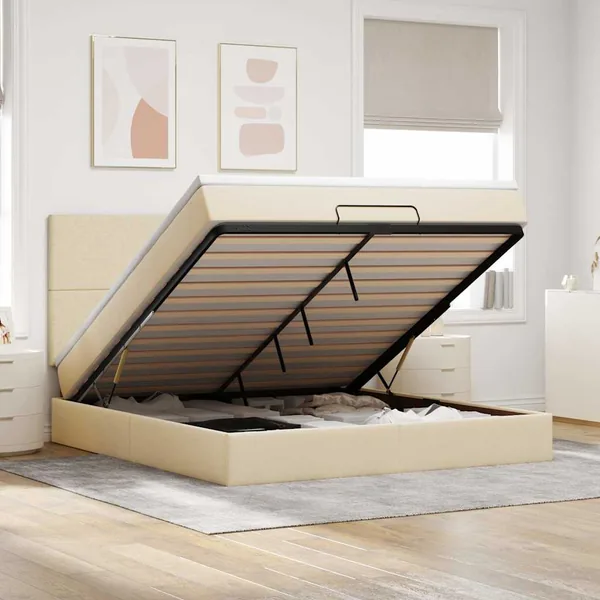 Cadre de lit ottoman avec matelas crème 160x200 cm tissu