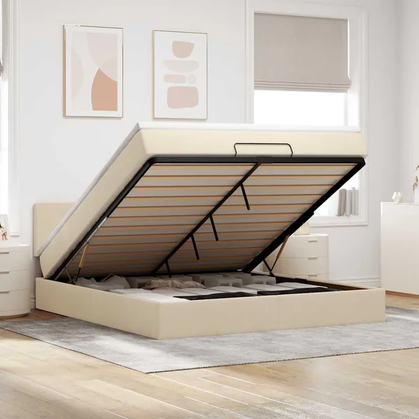 Cadre de lit ottoman avec matelas crème 160x200 cm tissu