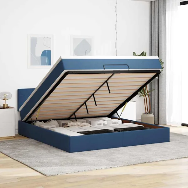 Cadre de lit ottoman avec matelas bleu 160x200 cm tissu