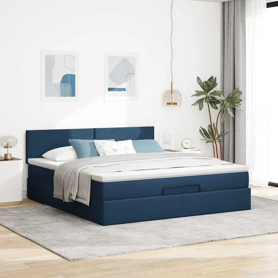 Cadre de lit ottoman avec matelas bleu 160x200 cm tissu - 3