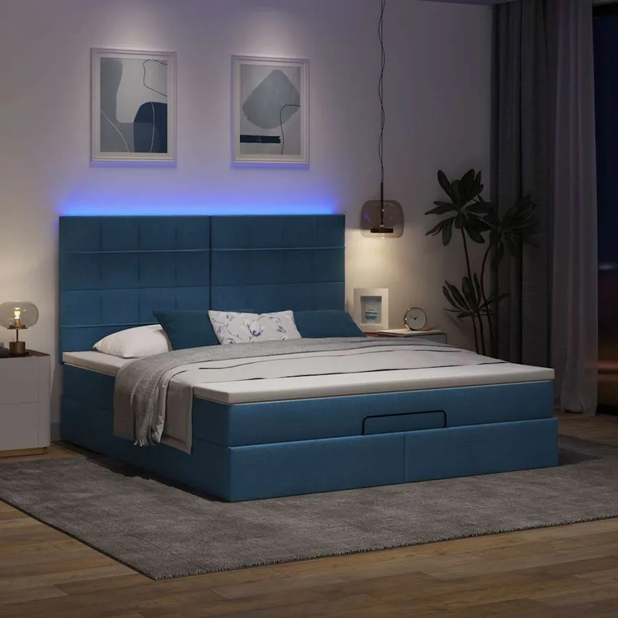 Cadre de lit ottoman avec matelas bleu 160x200 cm tissu - 3
