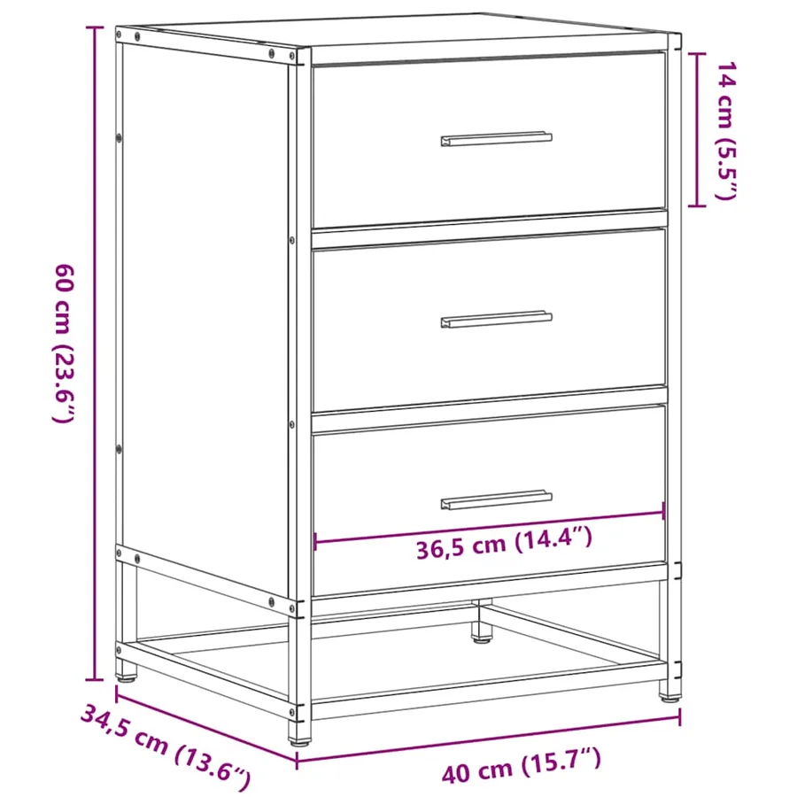 Table de chevet chêne marron 40x34,5x60cm bois ingénierie métal - 11